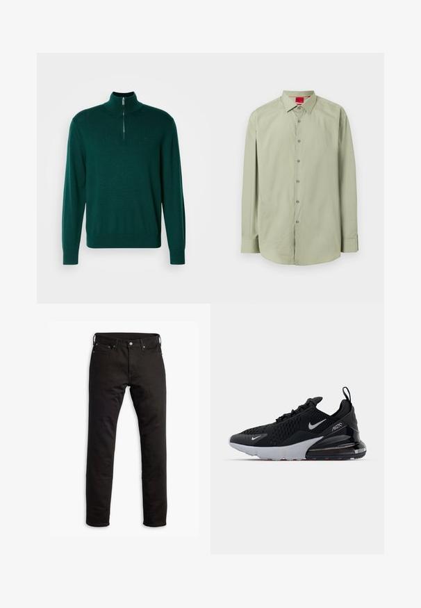 Un pull zippé vert foncé avec un col haut, des manches longues et des poignets côtelés. Fabriqué en un tissu tricoté lisse et léger. Détail de logo subtil.; Chemise à manches longues vert clair avec col pointu et étiquette rouge de marque visible à l'intérieur du col.; Jeans en denim noir avec une coupe droite, des poches avant et une fermeture à bouton. Le tissu a une texture lisse et un minimum de détails.; Chaussure de sport noire avec tige en mesh, semelle intermédiaire blanche et amorti visible dans le talon. Design élégant avec de subtils accents argentés.