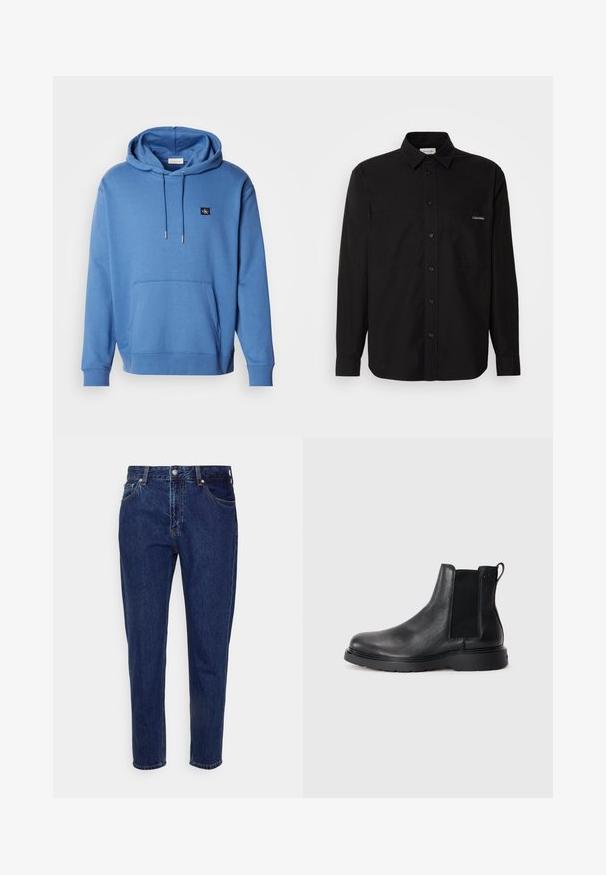 Blaue Baumwollkapuzenjacke mit einer Fronttasche und Kordelzugkapuze. Verfügt über ein kleines gesticktes Logo auf der Brust und gerippte Bündchen. Weicher Stoff.; Schwarzes Langarmhemd aus Baumwolle mit einem Knopfverschluss, zwei Brusttaschen und einem kleinen Logo auf der linken Tasche.; Dunkelblaue Jeans mit geradem Bein, vorderer Knopf- und Reißverschluss, Gürtelschlaufen sowie Vorder- und Gesäßtaschen.; Schwarze Leder-Chelsea-Boots mit strukturiertem Finish, elastischen seitlichen Einsätzen und einer robusten Gummisohle. Dezentes Branding an der Ferse.