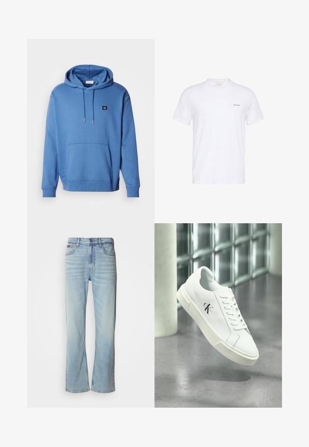 Sudadera de algodón azul con un bolsillo frontal y capucha ajustable con cordón. Presenta un pequeño logo bordado en el pecho y puños acanalados. Textura suave.; Camiseta blanca de manga corta con cuello redondo y pequeño logo negro de Calvin Klein en el lado izquierdo del pecho.; Jeans de mezclilla azul claro con corte recto, que cuentan con cinco bolsillos, un cierre de botón y un ligero desvanecimiento en la tela.; Zapatilla blanca Calvin Klein con cordones, mostrada flotando sobre un suelo de cemento pulido y un fondo de pared de bloques de vidrio.