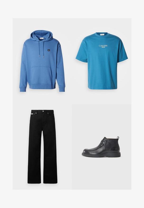 Sudadera de algodón azul con un bolsillo frontal y capucha ajustable con cordón. Presenta un pequeño logo bordado en el pecho y puños acanalados. Textura suave.; Camiseta de algodón azul con cuello redondo y mangas cortas, con el logo "Calvin Klein JEANS" bordado en amarillo centrado en el pecho.; Pantalones de mezclilla negros con un diseño de pierna ancha, que cuentan con cinco bolsillos y herrajes de botón metálico. Textura suave, sin patrones visibles.; Botas de cuero negras hasta el tobillo con punta redondeada, diseño con cordones y una lengüeta en la parte trasera. Parte superior texturizada y suela de goma.
