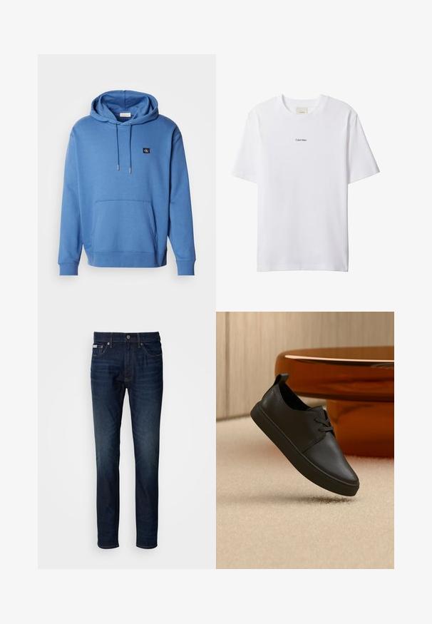 Sudadera de algodón azul con un bolsillo frontal y capucha ajustable con cordón. Presenta un pequeño logo bordado en el pecho y puños acanalados. Textura suave.; Camiseta blanca de algodón con cuello redondo y mangas cortas. Cuenta con un pequeño logo negro de "Calvin Klein" centrado en el pecho.; Jeans de mezclilla azul oscuro con un corte recto, que cuentan con cierre de cremallera, botón y bolsillos delanteros y traseros. Desgaste sutil en los muslos.; Zapatilla casual negra de cuero con cordones, flotando sobre una alfombra beige, con una mesa de cristal ámbar redondeada en el fondo.
