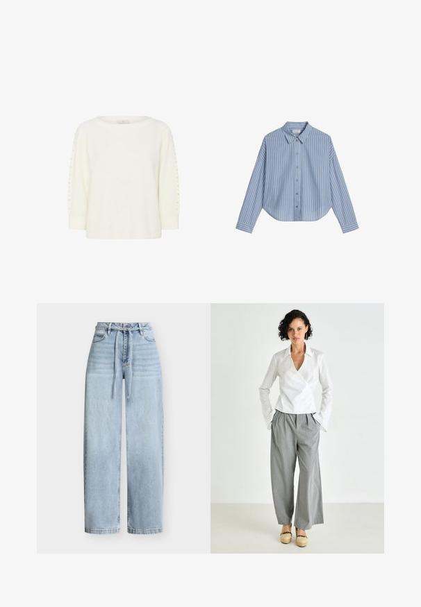 Kaffe KABETTY - Striktrøje - chalk cc; Blå og hvide stribede langærmede skjorte med knapper, med spredt krave og afrundet kant. Glat stof med en afslappet pasform.; Lyseblå jeans med høj talje og brede ben, der har knapper foran, lynlås, bæltestropper, for- og baglommer samt et matchende denim-bælte med selvlukning.; Hvid bluse med krave, kombineret med grå stribede bredde ben bukser og tan platform sko. Glat stof og afslappet pasform.