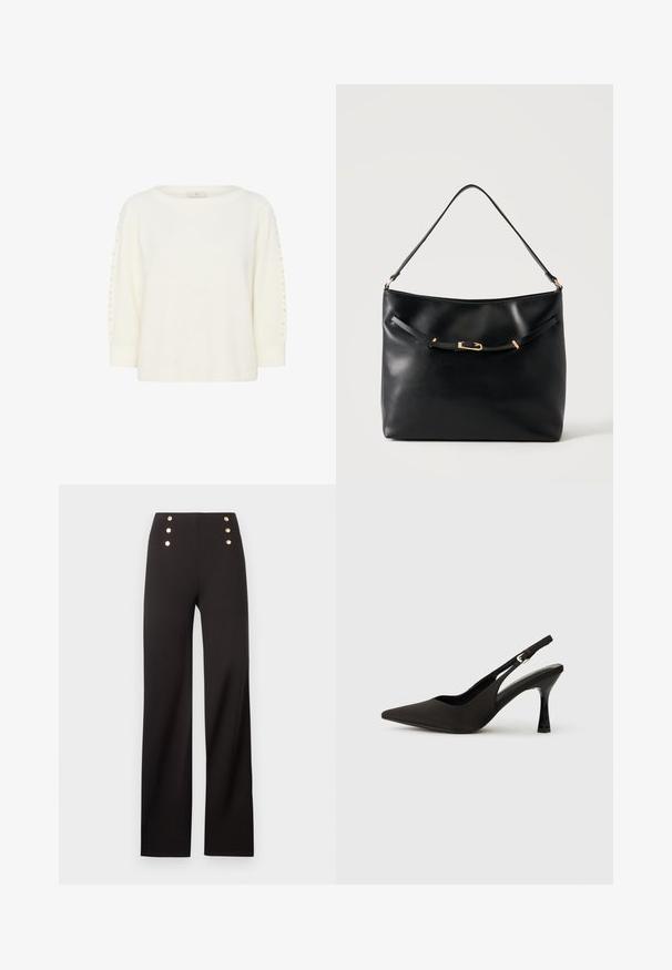 Kaffe KABETTY - Striktrøje - chalk cc; Sort, højhøjet bukser med vide ben og seks guldknapper arrangeret i to lodrette rækker nær linningen.; Sorte slingback hæle med spids tå, glat mat finish og en slank, blank hæl. Justerbar rem med lille spænde detaljer.; Sort skuldertaske i læder med en enkel strop og en lille guldlåsdetalje foran mod en ensfarvet lys baggrund.