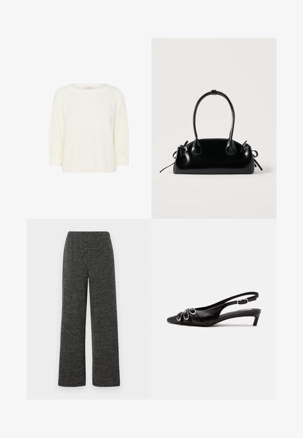 Kaffe KABETTY - Striktrøje - chalk cc; Bredde bukser i sort og grå tekstureret stof med elastisk talje for komfort. Ingen synlige lommer eller lukninger.; Sort læder slingback sko med spids tå, tre sølvspænder på forsiden og lav lille hæl på hvid baggrund.; Lille sort blank håndtaske med to lange håndtag og snøre-detaljer i siden på en ensfarvet lys baggrund.