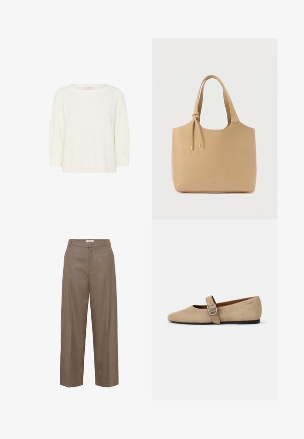 Kaffe KABETTY - Jersey de punto - chalk cc; Pantalones marrones a medida con diseño de pierna recta, frente plisado y trabillas para cinturón. Hechos de tela texturizada con un brillo sutil.; Bailarinas de ante beige estilo Mary Jane con punta afilada y una sola correa ajustable con hebilla de plata. Suela plana negra.; Bolsa tote beige hecha de cuero suave, con dos asas resistentes y detalles en hardware dorado, con un detalle ajustable de cordón.
