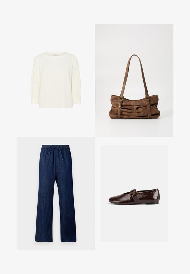 Kaffe KABETTY - Striktrøje - chalk cc; Mørkeblå denimbukser med vid bendesign, der har en elastisk talje og snøring. Stoffet har en glat tekstur.; Mørkebrun laklædersko med stor guldlås og rund tå, vist i sideprofil på hvid baggrund.; Even&Odd by Zalando Håndtasker - brown