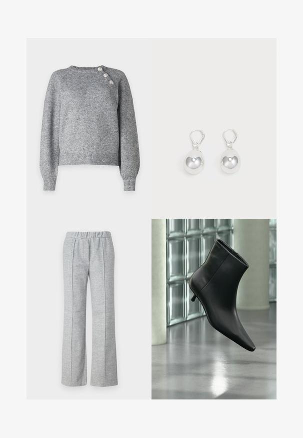 Pull en tricot gris à manches longues, avec un ourlet côtelé et trois boutons décoratifs sur l'épaule gauche, présentant une texture douce.; Pantalons gris à jambes larges en tissu texturé ; dotés d'une taille élastique et de détails plissés à l'avant. Design épuré et minimal.; Bottine en cuir noir à bout pointu et petit talon kitten, présentée en angle devant un sol poli et un mur en blocs de verre.; Boucles d'oreilles en argent en forme de goutte avec des surfaces lisses, rondes et réfléchissantes, suspendues à des fermoirs à ressort. L'arrière-plan est blanc uni.