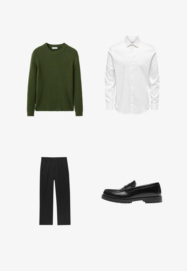 Pull en maille côtelée verte avec col rond, manches longues et finition texturée. Fabriqué en tissu doux, idéal pour temps frais.; Chemise blanche pour homme à manches longues avec col pointu et rangée avant de boutons blancs sur fond uni.; Pantalons noirs au design droit, fabriqués à partir d'un tissu lisse. Dotés de plis sur le devant et d'une fermeture à un bouton à la taille.; Mocassin en cuir noir avec une semelle en caoutchouc épaisse et un détail classique de bride à monnaie, vu de côté extérieur.
