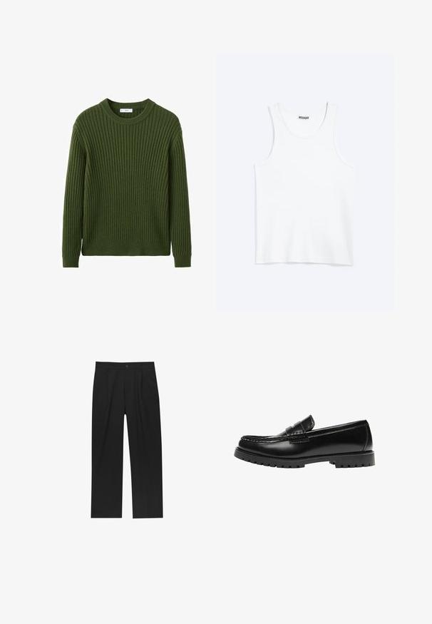 Pull en maille côtelée verte avec col rond, manches longues et finition texturée. Fabriqué en tissu doux, idéal pour temps frais.; Débardeur blanc sans manches avec col rond et étiquette de la marque Weekday à l'intérieur du col arrière, présenté à plat sur un fond clair.; Pantalons noirs au design droit, fabriqués à partir d'un tissu lisse. Dotés de plis sur le devant et d'une fermeture à un bouton à la taille.; Mocassin en cuir noir avec une semelle en caoutchouc épaisse et un détail classique de bride à monnaie, vu de côté extérieur.