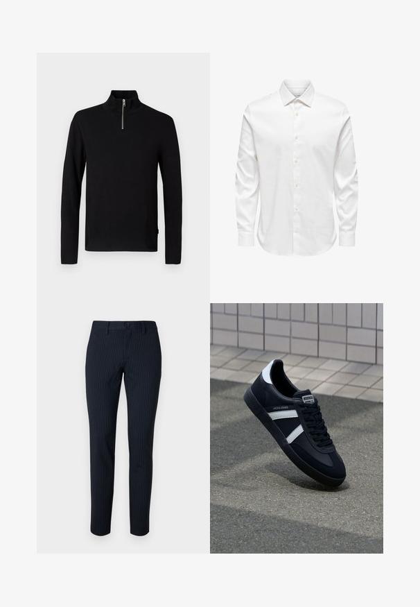 Jersey negro de manga larga con cuello alto y una corta cremallera plateada en la parte delantera central.; Camisa de vestir blanca para hombre de manga larga con cuello puntiagudo y fila frontal de botones blancos sobre un fondo liso.; Pantalones navy con finas rayas verticales, confeccionados en una tela suave. Cuentan con un cierre de botón y un ajuste entallado con piernas rectas.; Zapatilla de cuero negra con rayas blancas, suela de goma texturizada y parte frontal con cordones. Cuenta con una etiqueta de marca en la lengüeta.