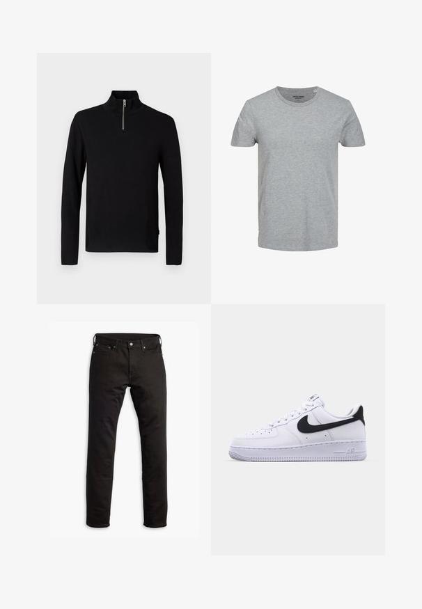 Jersey negro de manga larga con cuello alto y una corta cremallera plateada en la parte delantera central.; Camiseta gris de manga corta hecha de suave algodón. Presenta un cuello redondo clásico y un corte regular. Diseño sencillo sin patrones ni acentos.; Jeans de mezclilla negra con un diseño de pierna recta, bolsillos frontales y cierre de botón. La tela tiene una textura suave y un detalle mínimo.; Zapatilla blanca de cuero con un Swoosh negro texturizado, cordones planos y una suela de goma con un patrón estriado. "AIR" está grabado en el talón.