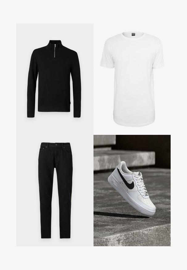 Jersey negro de manga larga con cuello alto y una corta cremallera plateada en la parte delantera central.; Camiseta blanca de manga corta hecha de algodón, con un cuello redondo clásico, un corte relajado y sin patrones ni logotipos visibles.; Vaqueros ajustados negros con cierre frontal de botón y cremallera, trabillas para cinturón y dos bolsillos delanteros visibles sobre un fondo blanco.; Zapatilla blanca Nike Air Force 1 con el logo Swoosh negro, cordones atados, posicionada en el aire sobre una superficie de concreto texturizado al aire libre.