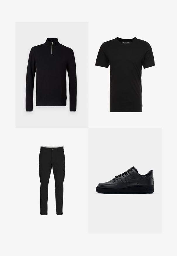 Jersey negro de manga larga con cuello alto y una corta cremallera plateada en la parte delantera central.; Camiseta de manga corta negra hecha de algodón, con cuello redondo y una sutil etiqueta de logo en el costado. Diseño simple y versátil.; Pantalones cargo negros con corte ajustado, que cuentan con bolsillos laterales, cierre de botón y una suave tela de mezcla de algodón.; Zapatilla Nike Air Force 1 negra con parte superior de cuero liso, puntera perforada para transpirabilidad, cordones negros y suela de goma texturizada.