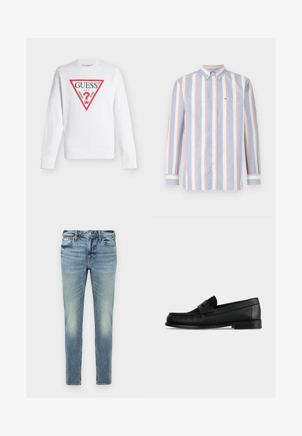 Sweat-shirt blanc à manches longues avec un logo triangulaire rouge indiquant "GUESS U.S.A." et "WASHED JEANS" autour d'un point d'interrogation rouge.; Chemise boutonnée rayée en bleu, rose et blanc. Dotée d'un col, de manches longues et d'une poche poitrine avec un détail logo. Matière en coton.; Jean en denim bleu clair délavé avec une coupe droite, conception à cinq poches, fermeture par bouton et détails subtils de froissement sur les jambes.; Mocassin penny en cuir noir avec surface texturée, petit talon et une lanière sur le dessus, présenté de profil sur un fond uni.