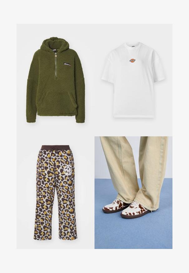 Ellesse ZEPPY - Mikina s kapucňou - khaki; Biele tričko s krátkym rukávom a okrúhlym výstrihom s malým farebným logom Dickies uprostred na hrudi, na jednofarebnom pozadí.; Teplákové nohavice s leopardím vzorom v hnedej a žltej farbe, s opaskom na stiahnutie a bielym textom "alpha industries" na ľavej nohe.; Biele a hnede vzorované tenisky z mesh a kože, s hnedými gumovými podrážkami. Skombinované so svetlobežovými voľnými nohavicami.