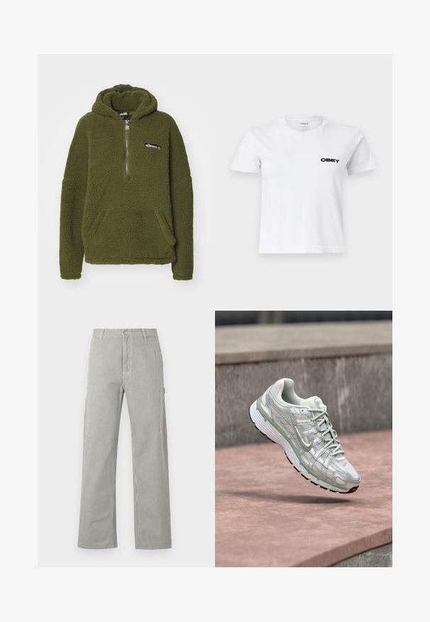 Ellesse ZEPPY - Mikina s kapucňou - khaki; Biele tričko s krátkym rukávom a okrúhlym výstrihom, s čiernym logom "OBEY" potlačeným na ľavej strane hrudníka.; Pánske nohavice rovného strihu s tenkými vertikálnymi čierno-bielymi pruhmi, zapínaním na gombíky, pútkami na opasok a bočnými vreckami.; Biela a svetlozelená teniska Nike vo vzduchu nad kamenným povrchom s rozostreným sivým kamenným pozadím.