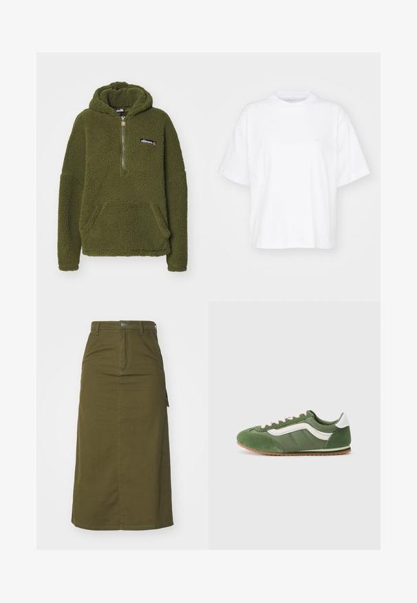 Ellesse ZEPPY - Mikina s kapucňou - khaki; Biela bavlnená tričko s okrúhlym výstrihom, krátkymi rukávmi a voľným strihom. Obsahuje jemné logo na ľavej strane hrude. Hladká textúra.; Olivovozelená bavlnená midi sukňa s rovnými línie, s gombíkovým zapínaním, dvoma bočnými vreckami a malým rozparkom na spodnom okraji pre ľahší pohyb.; Zelené tenisky s kombináciou textúrovaného semišu a hladkej textílie, s bielymi akcentmi, ružovými šnúrkami a hnedou gumovou podrážkou.