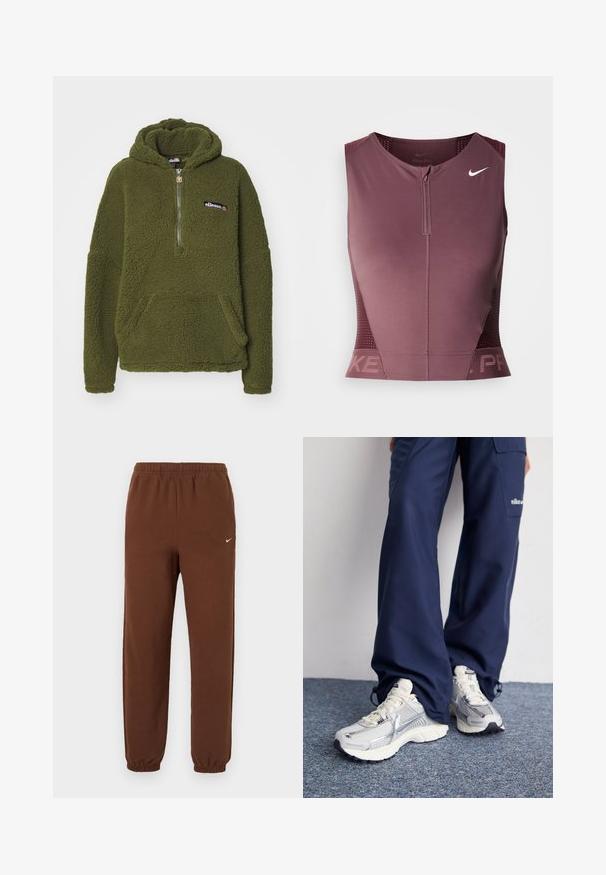 Ellesse ZEPPY - Mikina s kapucňou - khaki; Bezruký top Nike Pro v tmavom bordó odtieni so zipsom vpredu, textúrovanými bočnými panelmi a logom na hrudi. Hladká látka, atletický strih.; Hnedé Nike tepláky s elastickým pásom a manžetami, s malým bielym logom Nike na hornej ľavej nohe.; Športové topánky Nike s strieborným sieťovaným zvrškom, bielymi detailmi a textúrovanými podrážkami, skombinované s voľnými námorníckymi nohavicami.