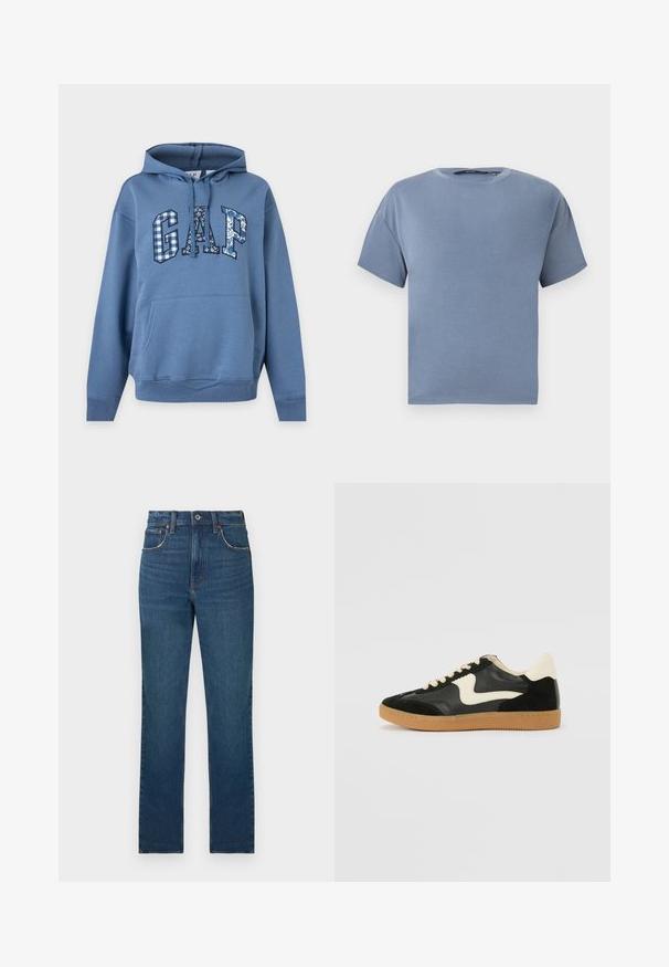 Sweat à capuche bleu avec poche kangourou, capuche et cordons, avec le texte « "GAP" » sur la poitrine dans des motifs floraux et à carreaux mixtes.; T-shirt à manches courtes et col rond en bleu uni atténué, présenté à plat sur fond blanc.; Jeans en denim bleu à jambes droites avec cinq poches et surpiqûres visibles, présentés sur un fond blanc.; Baskets en daim et cuir noir avec un swoosh latéral crème et un talon crème clair. Dotées de lacets beige et d'une semelle en caoutchouc gomme.