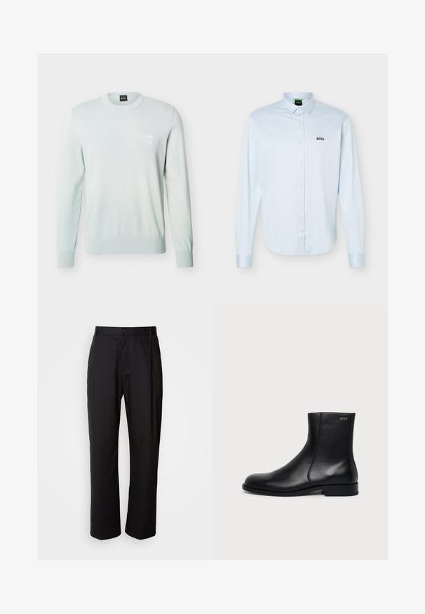 Pull bleu clair à manches longues avec col rond, bordures côtelées aux poignets et à l'ourlet, arborant un petit patch logo carré sur la poitrine gauche.; Chemise bleu clair à manches longues, boutonnée avec col, logo noir "BOSS" sur le côté gauche de la poitrine, et poignets avec boutons.; Pantalon noir à coupe droite, en tissu léger. Il dispose d'une fermeture à bouton sur le devant et de deux poches latérales ; texture lisse.; Bottine en cuir noir à talon bas, couture latérale et petit logo "HUGO" sur le revers supérieur sur un fond uni.
