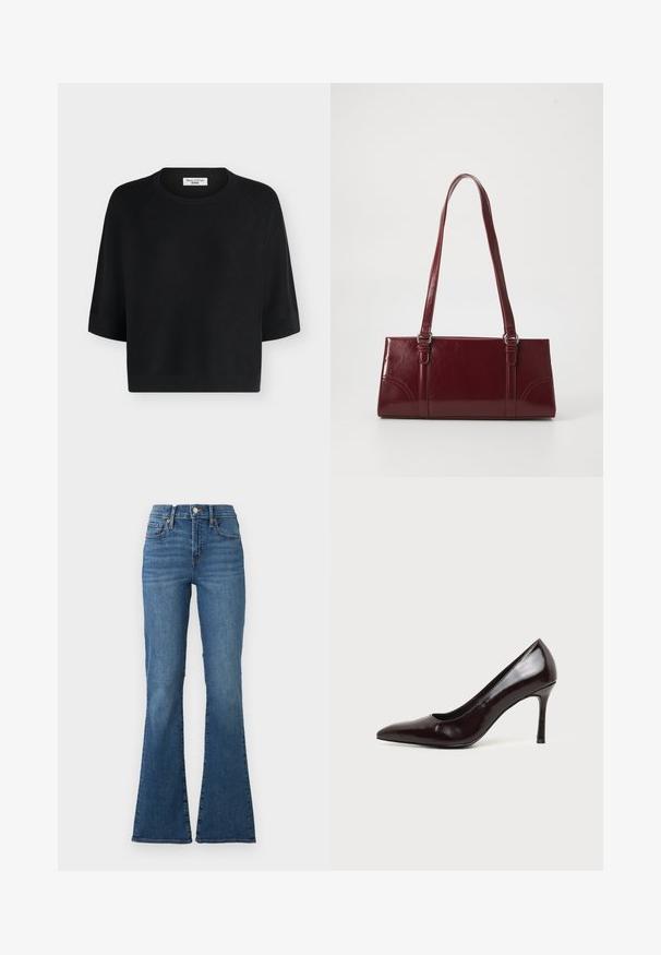Pull en maille noir à manches courtes avec col rond et bords côtelés, étiqueté Marc O'Polo Denim.; Jean en denim bleu taille haute avec légère décoloration, bouton et fermeture éclair devant, cinq poches et jambes évasées sur fond blanc uni.; Chaussure à talon haut en cuir noir à bout pointu avec un talon aiguille fin sur un fond clair uni.; Sac à main bordeaux en matériau brillant, de forme rectangulaire, avec deux anses et des accents légèrement courbés à l'avant.