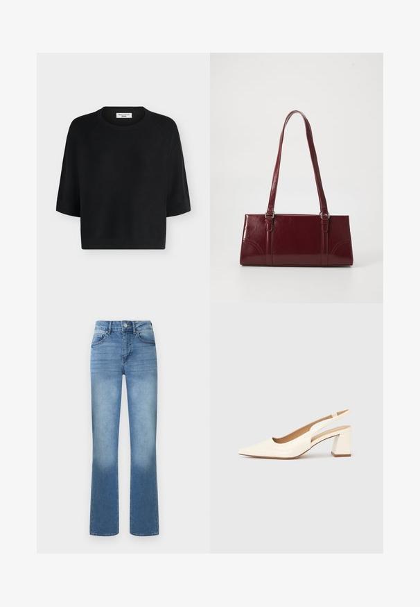 Pull en maille noir à manches courtes avec col rond et bords côtelés, étiqueté Marc O'Polo Denim.; Jean en denim bleu clair taille haute avec bouton frontal et fermeture éclair, poches avant et arrière, coupe droite.; Escarpin slingback en cuir verni crème brillant, avec un bout pointu et un talon carré épais pour la stabilité. Design minimaliste, sans ornements.; Sac à main bordeaux en matériau brillant, de forme rectangulaire, avec deux anses et des accents légèrement courbés à l'avant.