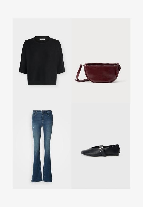Pull en maille noir à manches courtes avec col rond et bords côtelés, étiqueté Marc O'Polo Denim.; Jean évasé en denim bleu délavé, avec poches avant, taille haute et détails usés avec coutures visibles.; Chaussures plates en cuir noir avec un design à bout rond, dotées d'une sangle à boucle sur le côté et d'une texture lisse. Semelle basse pour un confort optimal.; Sac à main en cuir marron foncé avec une forme en demi-lune, une fermeture éclair et une bandoulière amovible. Texture lisse avec un léger éclat.