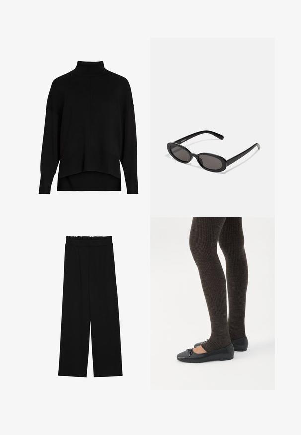 Suéter negro de punto con cuello alto, corte holgado, hombros caídos, puños acanalados y un diseño de dobladillo asimétrico. Textura suave, detalles mínimos.; Pantalones de pierna ancha negros con una cintura con volantes, que cuentan con dos bolsillos laterales y una tela suave y ligera. Sin patrones visibles ni accesorios.; Piernas con leggings oscuros acanalados combinados con bailarinas negras que presentan pequeños detalles de lazo sobre un fondo blanco.; Even&Odd by Zalando Gafas de sol - black