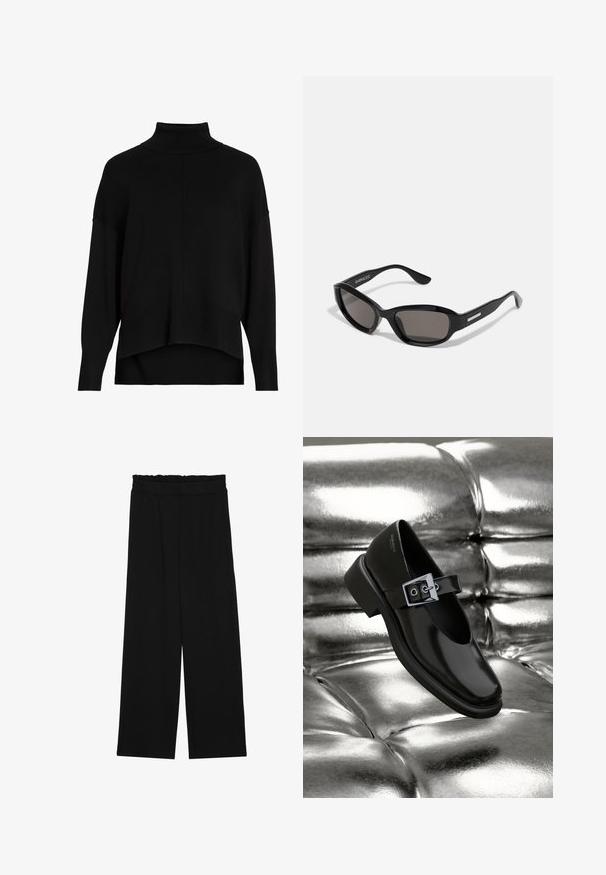 Sort strik cardigan med løs pasform, sænkede skuldre, ribbede manchetter og et høj-lav kantdesign. Blød tekstur, minimal detaljer.; Sorte brede bukser med en rynket talje, der har to sidelommer og et glat, let stof. Ingen synlige mønstre eller hardware.; Sorte læder Mary Jane sko med firkantet tå, en sølv spænde accent og en chunky lav hæl, sat mod en glansfuld sølv baggrund.; Sorte solbriller med rektangulært stel, mørke linser, glat plastmateriale og en metalaccent på templet.