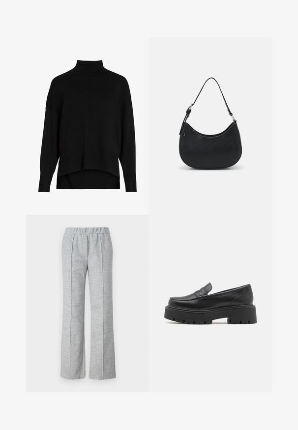 Sort strik cardigan med løs pasform, sænkede skuldre, ribbede manchetter og et høj-lav kantdesign. Blød tekstur, minimal detaljer.; Grå, vide benbukser lavet af tekstureret stof; har en elastisk talje og plisserede frontdetaljer. Ren, minimalistisk design.; Sorte læder loafers med en lav, grov gummi sål, syede detaljer på overdelen og en glat overflade.; Sort hobo taske lavet af glat læder med en buet silhuet, der har en enkelt justerbar skulderrem og minimalistiske designdetaljer.