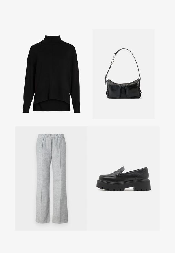Sort strik cardigan med løs pasform, sænkede skuldre, ribbede manchetter og et høj-lav kantdesign. Blød tekstur, minimal detaljer.; Grå, vide benbukser lavet af tekstureret stof; har en elastisk talje og plisserede frontdetaljer. Ren, minimalistisk design.; Sorte læder loafers med en lav, grov gummi sål, syede detaljer på overdelen og en glat overflade.; Sort skuldertaske i læder med justerbar rem og to store forlommer med lynlås på en ensartet lys baggrund.