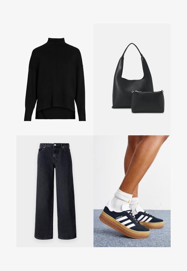 Sort strik cardigan med løs pasform, sænkede skuldre, ribbede manchetter og et høj-lav kantdesign. Blød tekstur, minimal detaljer.; Vero Moda Petite VMREMY MR WIDE - Wide leg - black denim; Ben iført hvide sokker og sorte Adidas Gazelle sneakers med hvide striber og tykke brune såler på et gråt tæppe.; Even&Odd Håndtasker - black