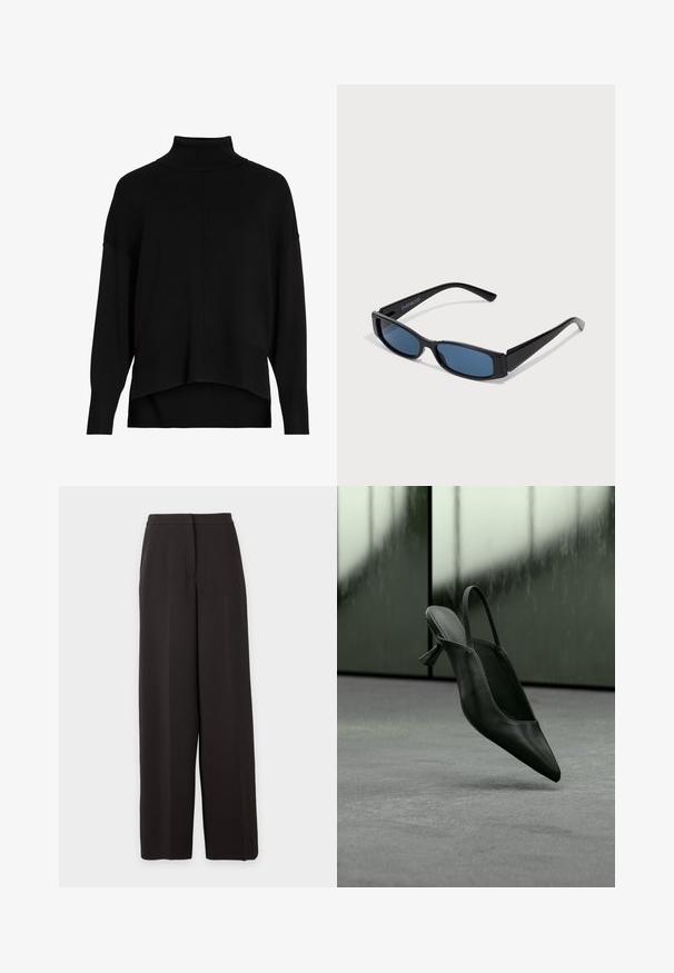 Sort strik cardigan med løs pasform, sænkede skuldre, ribbede manchetter og et høj-lav kantdesign. Blød tekstur, minimal detaljer.; Sorte vidde bukser med høj talje, med flad front og skjult lukning, vist mod en ensfarvet lys baggrund.; Sort læder slingback højhælet sko med spids tå svævende over gråt tæppe, sløret grønlig væg i baggrunden.; Sorte solbriller med en slank rektangulær ramme og blå linser. Har en glat overflade og robuste stænger. Mærkets logo på siden.