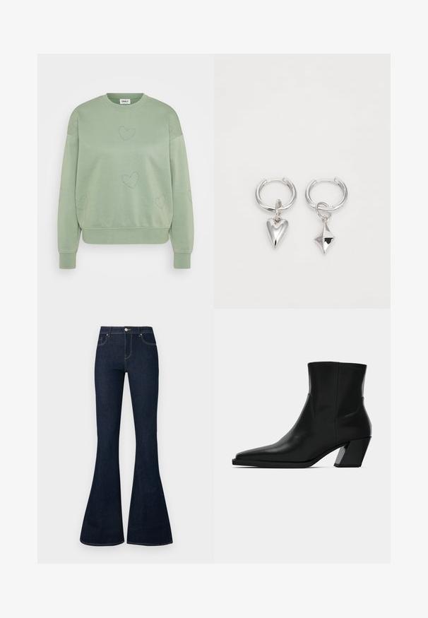 Vihreä, rento sweatshirt, jossa on pyöreä kaula-aukko. sisältää pisteitä sydänkuvioita ja ribbireunat, valmistettu pehmeästä materiaalista.; Tummansiniset korkeavyötäröiset farkut, joissa on leveät lahkeet, edessä nappi ja vetoketju sekä viisi taskua.; Mustat nahkasaappaat nilkkapituisena, teräväkärkiset, sulavalinjaiset ja paksupohjaiset neliön malliset korot. Sileä pinta, jossa on minimaalista tikkausta.; Hopeakorvakorut, joissa on sydän- ja timantinmuotoinen riipus. Nesteellinen pinta, kiillottamalla viimeistelty.