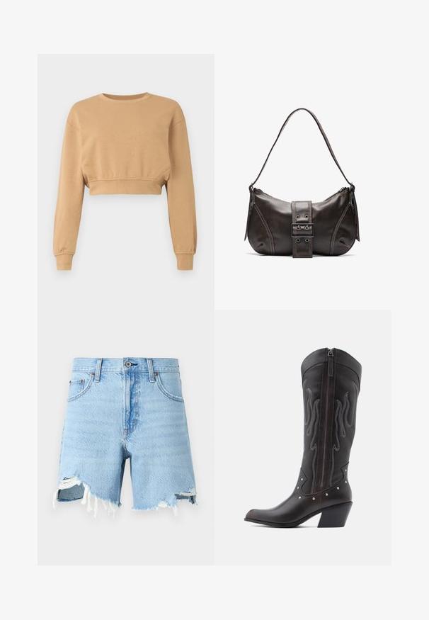 Cropped sweatshirt in lichtbruin, gemaakt van zacht stof. Heeft lange mouwen, een ronde halslijn en subtiele elastiek bij de boorden en de zoom.; Lichtblauwe denim shorts met een klassiek vijf-pocket ontwerp, rafelige zoom en versleten details aan de voorkant.; Bruine leren cowboylaarzen met vlamstiksels, zijrits, zilveren studs, spits toelopende neus en gestapelde hak.; Bruine leren schoudertas met een gebogen vorm, voorzien van een opvallende gespdetail, contrasterende stiksels en een enkele schouderband.