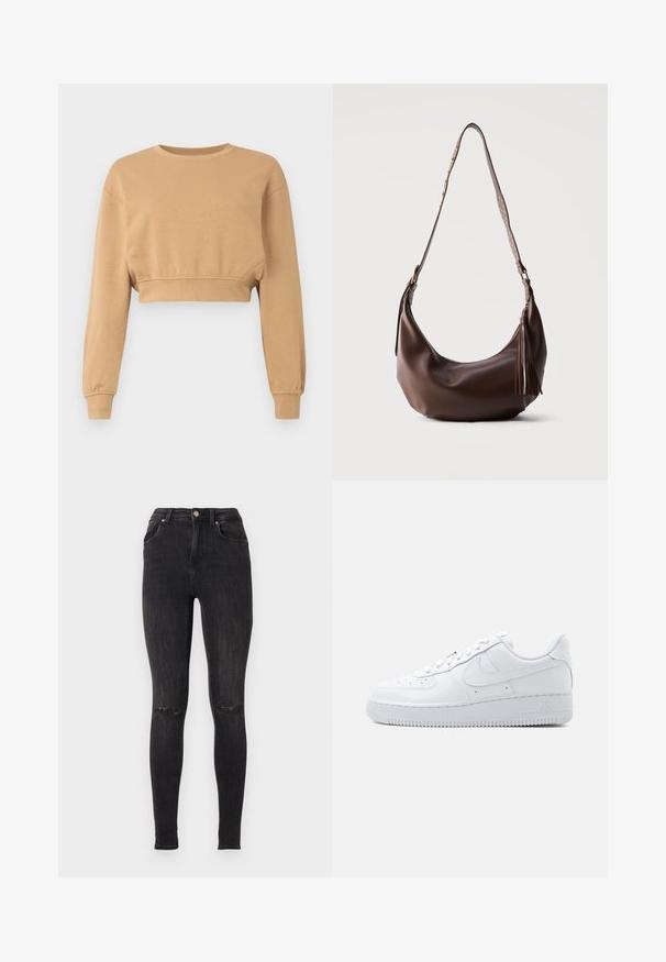 Sweatshirt court en marron clair, fabriqué en tissu doux. Il dispose de manches longues, d'un col rond et d'un élastique discret aux poignets et à l'ourlet.; Jean skinny noir en denim, avec une taille haute, des détails déchirés aux genoux et un design classique à cinq poches.; Baskets blanches basses Nike Air Force 1 avec fermeture à lacets, bout perforé, et logo swoosh signature sur le côté.; Sac à bandoulière en cuir marron avec des clous dorés sur la sangle et un gland en cuir sur la fermeture éclair, présenté sur un fond uni.