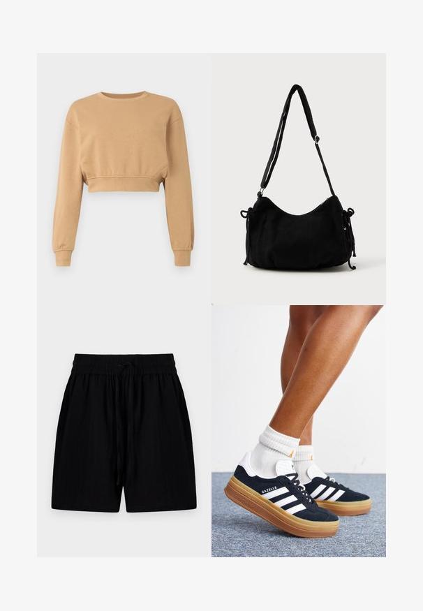 Cropped sweatshirt in lichtbruin, gemaakt van zacht stof. Heeft lange mouwen, een ronde halslijn en subtiele elastiek bij de boorden en de zoom.; Zwarte shorts van lichtgewicht stof met een elastische tailleband, voorzien van zijzakken en een gestructureerd oppervlak.; Ben met witte sokken en zwarte Adidas Gazelle sneakers met witte strepen en dikke bruine zolen op een grijs tapijt.; Zwarte corduroy schoudertas met een gebogen vorm, een verstelbare schouderband en trekkoordsluitingen aan beide zijkanten voor maataanpassing.