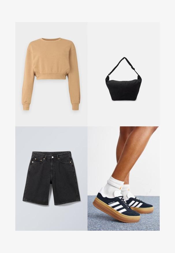 Sweatshirt court en marron clair, fabriqué en tissu doux. Il dispose de manches longues, d'un col rond et d'un élastique discret aux poignets et à l'ourlet.; Short en denim noir avec bouton à l'avant, passants pour ceinture et design à cinq poches, présenté sur un fond gris neutre.; Jambes portant des chaussettes blanches et des baskets Adidas Gazelle noires avec des bandes blanches et des semelles épaisses marron sur un sol recouvert de moquette grise.; Sac à épaule en tissu noir avec une surface texturée douce, de forme arrondie et une seule sangle. Design minimaliste sans accessoires ni quincaillerie visibles.