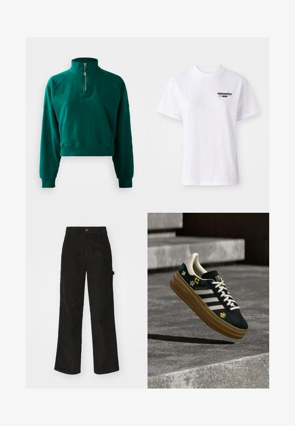 Sudadera corta en verde oscuro, con un cuello de media cremallera, puños acanalados y una textura suave. Logo bordado en el pecho.; Camiseta blanca de manga corta con cuello redondo, con un pequeño logo negro y morado de Carhartt WIP en el lado izquierdo del pecho.; Pantalones de pana negros con un diseño de pierna recta, que presentan un cierre de botón y bolsillo lateral. Textura suave con finas rayas verticales.; Zapatillas de ante negro con rayas blancas y bordado floral, con suela de goma y un diseño clásico, etiquetadas "Gazelle" en el lateral.