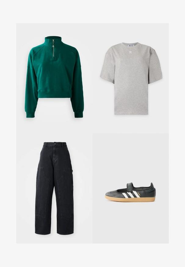 Zelený oversize sveter s krátkym strihom, polozipsovým golierom, prúžkovanými manžetami a jemnou textúrou. Vyšitá značka na hrudi.; Svetlosivé tričko Adidas s krátkym rukávom, okrúhlym výstrihom a malým bielym logom Adidas na hrudi, zobrazené na jednoduchom pozadí.; Čierne denimové široké nohavice s vysokým pásom, dvoma veľkými prednými vreckami a gombíkovým zapínaním na páse. Hladká textúra, ležérny dizajn.; Čierne kožené a zamšové tenisky s Velcro pásikom, s tromi bielymi pruhmi a gumenou podrážkou, označené nápisom "SAMBA" na boku.