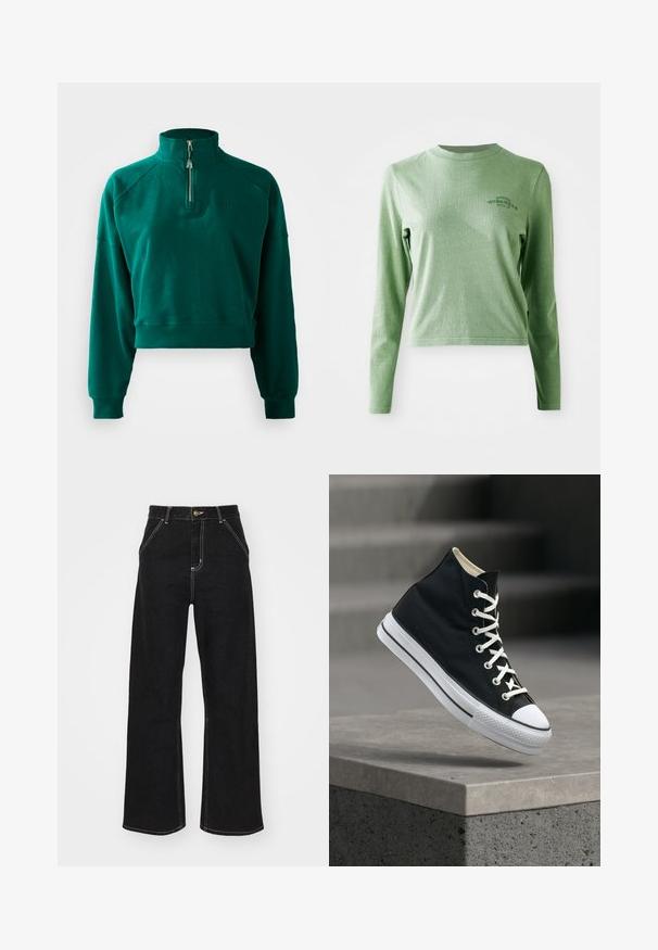 Korte sweatshirt in donkergroen, met een halve ritssluiting, geribbelde manchetten en een zachte textuur. Geborduurd logo op de borst.; Lichtgroene longsleeve t-shirt van zacht katoen, met een ronde hals en een klein bedrukt logo aan de bovenlinkerzijde.; Zwart wijde jeans gemaakt van denim. Voorzien van contrasterende witte stiksels, voorkanten zakken en een knoopsluiting in de taille.; Zwarte hoge sneaker met witte veters en rubberen zool, balancerend op de rand van een grijs betonnen platform.