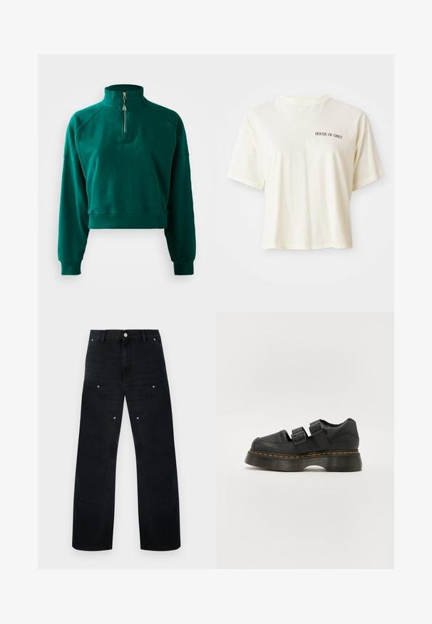 Korte sweatshirt in donkergroen, met een halve ritssluiting, geribbelde manchetten en een zachte textuur. Geborduurd logo op de borst.; Crème-kleurig T-shirt met korte mouwen, gemaakt van zacht katoen en met een ronde hals. Voorzien van zwarte tekst "HOUSE OF OBEY" op de linkerkant van de borst.; Zwarte wijde spijkerbroek met hoge taille, voorzien van ingetogen steken, twee voorzakken en metalen hardware accenten.; Zwarte leren schoen met twee verstelbare gespbandjes, verhoogde geprofileerde zool en zichtbare oranje stiksels langs de middenzool.
