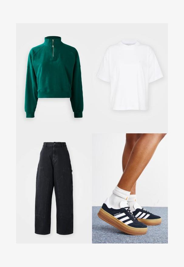 Korte sweatshirt in donkergroen, met een halve ritssluiting, geribbelde manchetten en een zachte textuur. Geborduurd logo op de borst.; Witte katoenen t-shirt met een ronde hals, korte mouwen en een ontspannen pasvorm. Heeft een subtiel logo op het linkerborstgedeelte. Zachte textuur.; Zwarte denim cargo broek met wijde been, hoge taille, twee grote voorkanten zakken en een knoopsluiting bij de taille. Soepele textuur, casual ontwerp.; Ben met witte sokken en zwarte Adidas Gazelle sneakers met witte strepen en dikke bruine zolen op een grijs tapijt.