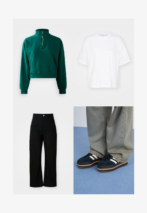 Sudadera corta en verde oscuro, con un cuello de media cremallera, puños acanalados y una textura suave. Logo bordado en el pecho.; Camiseta de algodón blanca con cuello redondo, mangas cortas y un corte relajado. Presenta un logo sutil en el área del pecho izquierdo. Textura suave.; Pantalones negros de tiro alto y pierna recta con bolsillos frontales, trabillas para cinturón y un cierre de botón plateado sobre un fondo blanco.; Zapatillas de plataforma de ante azul oscuro con rayas blancas y cordones negros. Cuentan con una gruesa suela de goma marrón. Llevadas con pantalones de mezclilla azul claro.