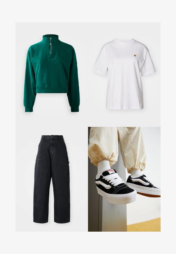 Korte sweatshirt in donkergroen, met een halve ritssluiting, geribbelde manchetten en een zachte textuur. Geborduurd logo op de borst.; Witte katoenen t-shirt met een relaxte pasvorm, korte mouwen en een klein geborduurd logo op de linkerborst.; Zwarte denim cargo broek met wijde been, hoge taille, twee grote voorkanten zakken en een knoopsluiting bij de taille. Soepele textuur, casual ontwerp.; Persoon die zwart-witte Vans sneakers draagt met witte veters, witte sokken en beige broek met elastische manchetten.