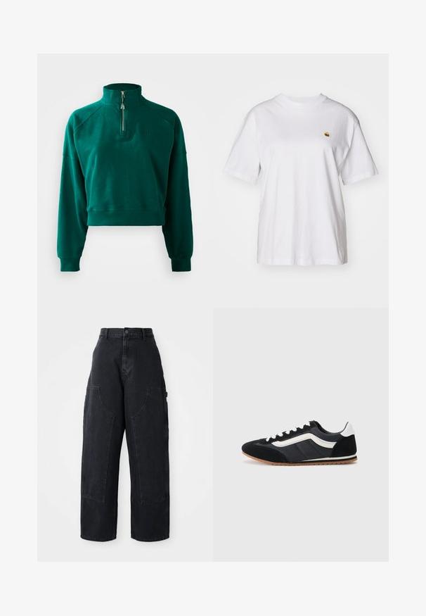Kort sweatshirt i mørkegrøn med halvlukket krave, ribbet manchetter og blød tekstur. Broderet logo på brystet.; Hvid bomulds-t-shirt med en afslappet pasform, korte ærmer og et lille broderet logo på venstre brystområde.; Sorte denim cargo bukser med vidde og høj talje, to store forlommer og knaplukning i taljen. Glat tekstur, casual design.; Sort atletisk sko med overdel i ruskind og tekstil, hvide detaljer, seks snørrehuller og gummisål. Elegant form med lav profil.