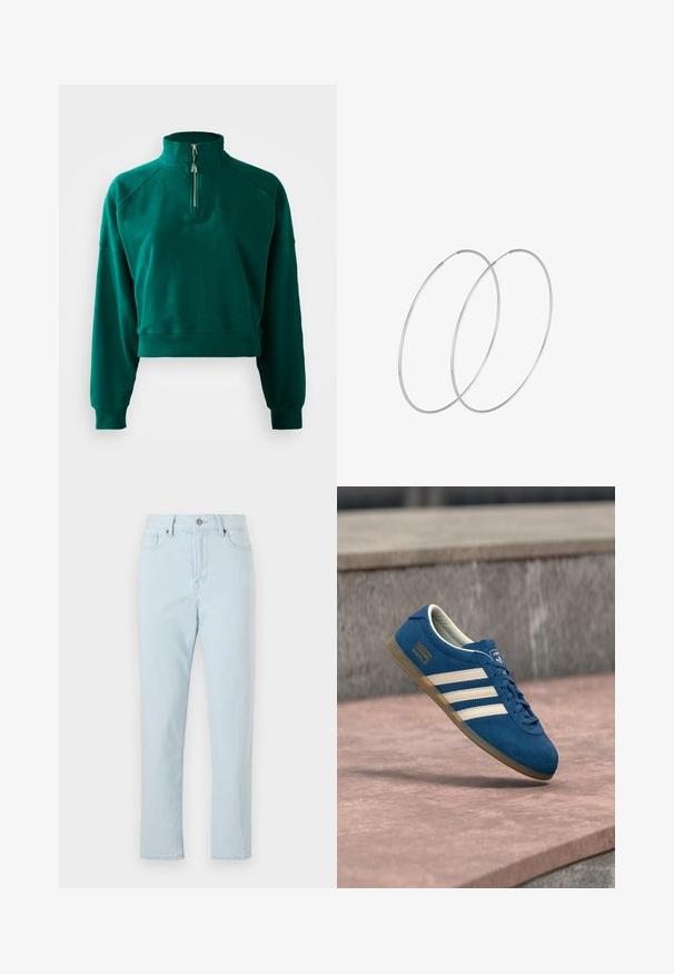 Sudadera corta en verde oscuro, con un cuello de media cremallera, puños acanalados y una textura suave. Logo bordado en el pecho.; Jeans de pierna recta de talle alto en azul claro, con bolsillos frontales, pasadores para cinturón, cierre de botón y costuras visibles a lo largo de las piernas.; Zapatilla de gamuza azul con rayas y cordones crema, suela de goma color miel, superficie texturizada, puntera redondeada y marca lateral.; Pendientes de aro plateados con un diseño minimalista. Forma circular, textura suave y perfil delgado. Livianos con un acabado pulido.