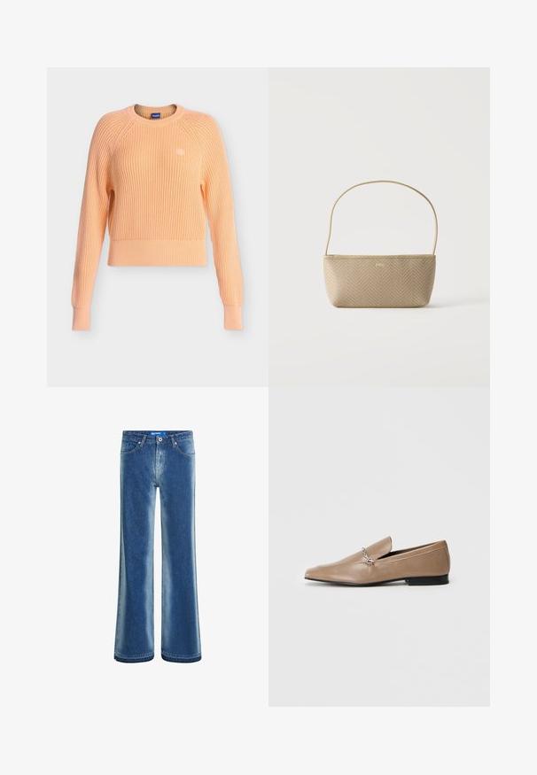 Pull en maille côtelée couleur pêche avec manches longues, col rond et petit logo rond sur la poitrine gauche.; Jean en denim bleu à jambes larges avec effet délavé, fermeture à boutons et zip à l'avant, passants pour ceinture, et design à cinq poches.; Mocassins en cuir tan avec un bout pointu, des accents décoratifs en métal argenté et un petit talon noir. Texture lisse et design minimaliste.; Sac à main tissé beige avec fine bandoulière et petit logo doré "BOSS" à l'avant, présenté sur fond blanc uni.