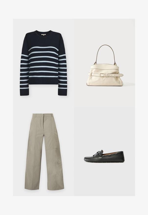 Pull en maille bleu marine avec des rayures horizontales bleu clair sur le corps et les manches, col rond, poignets et ourlet côtelés.; Pantalon beige à jambes larges avec taille haute, passants pour ceinture, détails de coutures frontales et fermeture avant cachée.; Bateau en cuir noir avec un bout arrondi, des détails de couture, un petit accent en nœud et une semelle en caoutchouc. Texture lisse et design épuré.; Sac à main couleur crème avec une seule bandoulière et un détail de ceinture assorti avec une boucle carrée à l'avant.