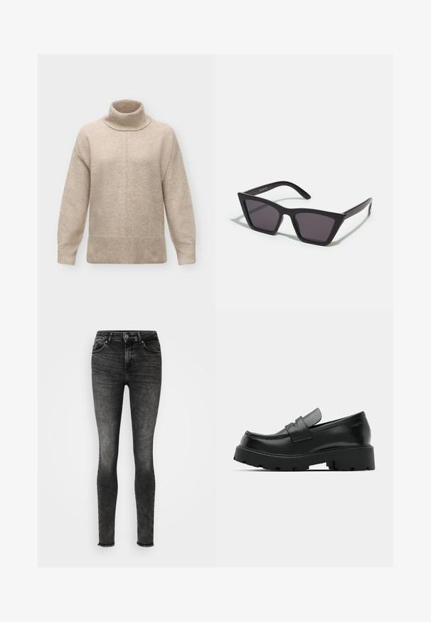 Beigefarbener Woll-Rollkragenpullover mit langen Ärmeln, gerippten Bündchen und Saum sowie einer zentralen Naht, die vertikal vorne verläuft.; Skinny Jeans aus verwittertem schwarzem Denim, mit hoher Taille, schmalem Schnitt, fünf Taschen und ausgefranstem Saum an den Knöcheln.; Schwarze Leder-Loafers mit einer chunky strukturierten Sohle, ausgestattet mit einem Riemen über dem Spann und einer glatten, polierten Oberfläche.; Schwarze, eckige Sonnenbrille mit grauen Gläsern; aus Kunststoff gefertigt, mit dicken Bügeln, die eine glatte Oberfläche und keine sichtbaren Beschläge haben.